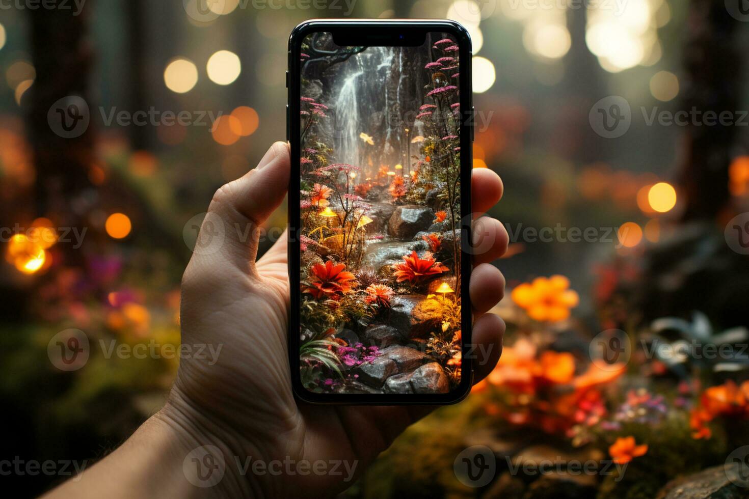 Picture perfect scene, lady s phone holds beauty amid blurred woods  AI Generated photo