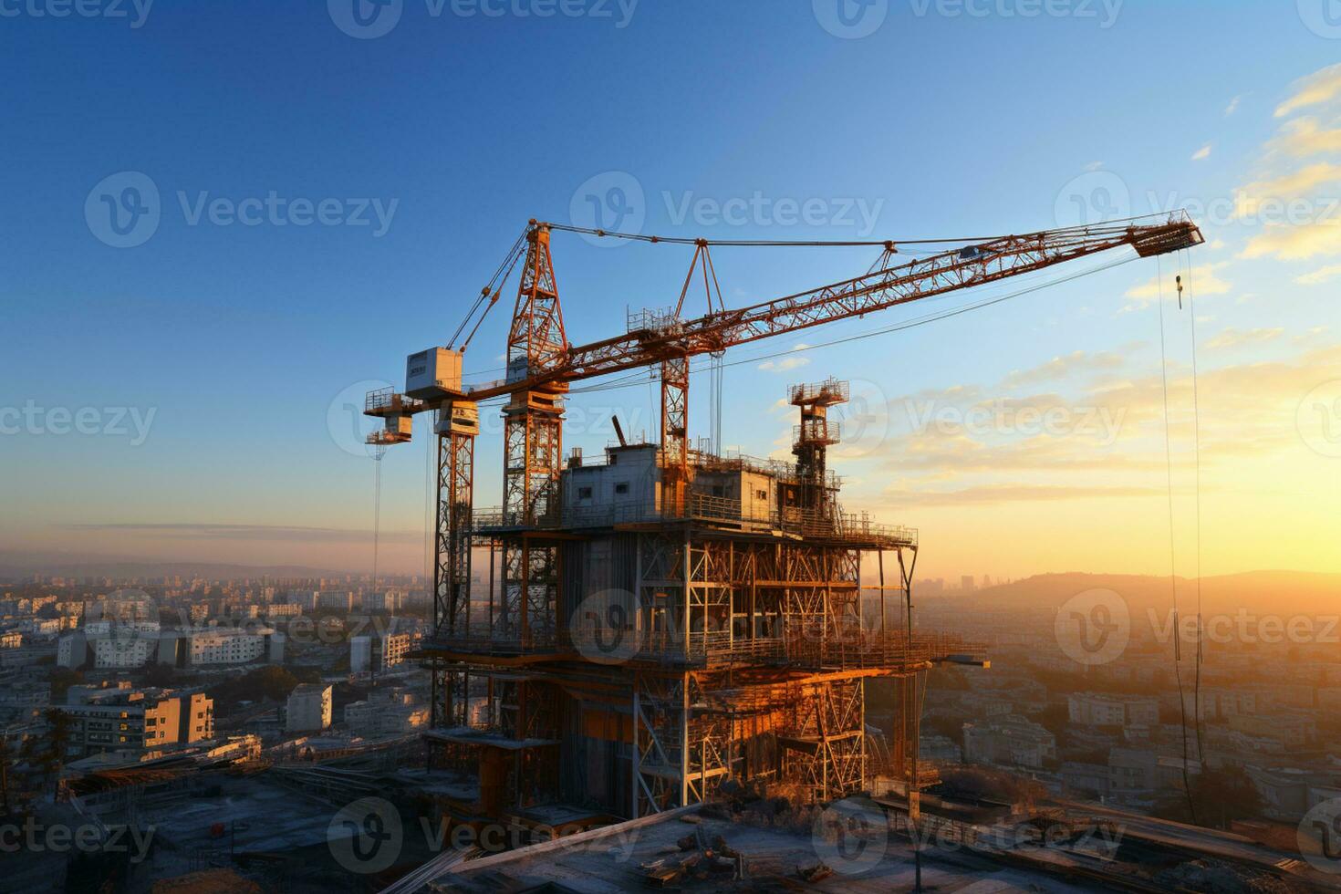 The building site features a prominent yellow construction crane  AI Generated photo