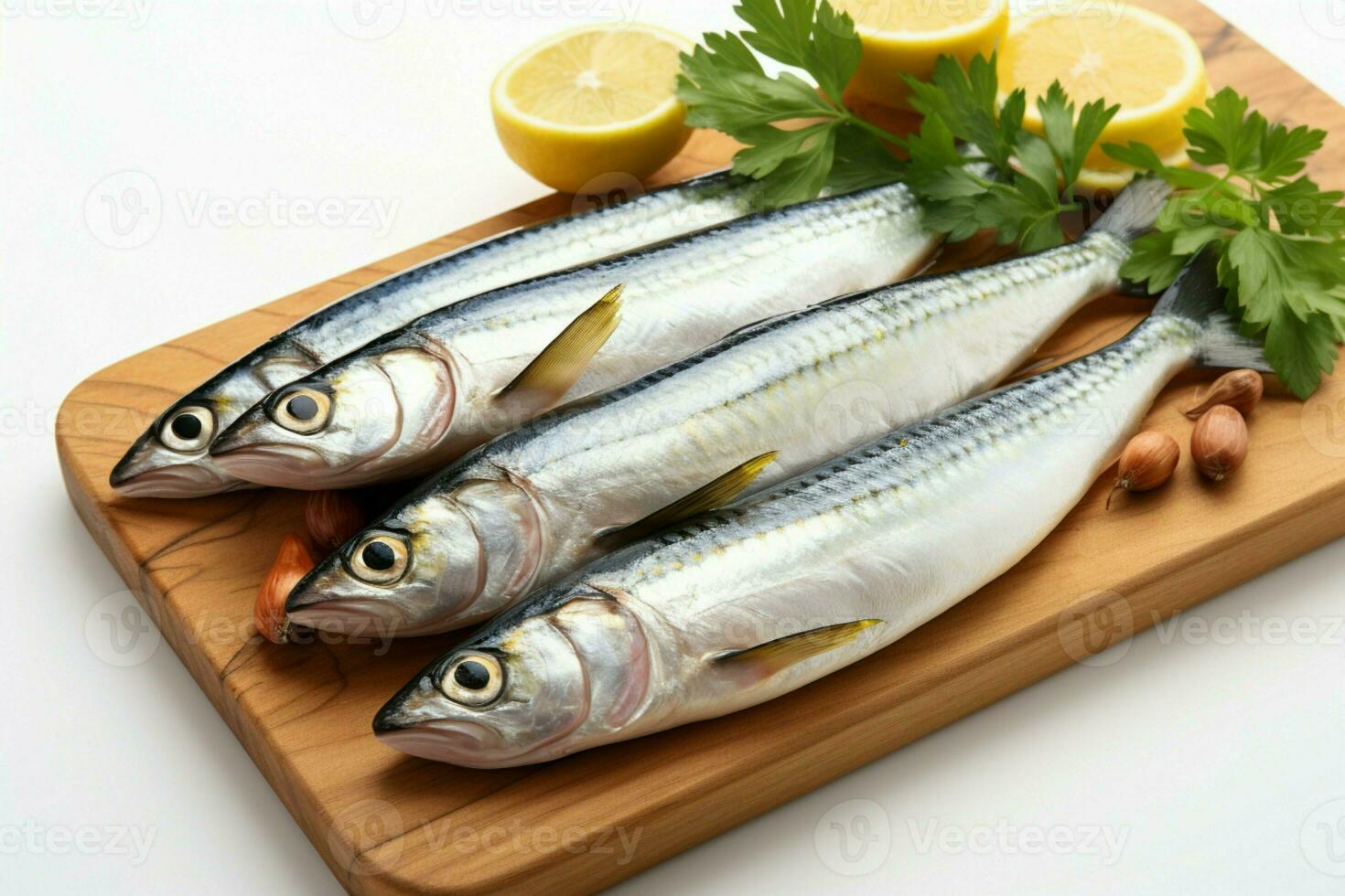 Freshness highlighted Raw mackerel fish on cutting board against plain white backdrop. AI Generated photo