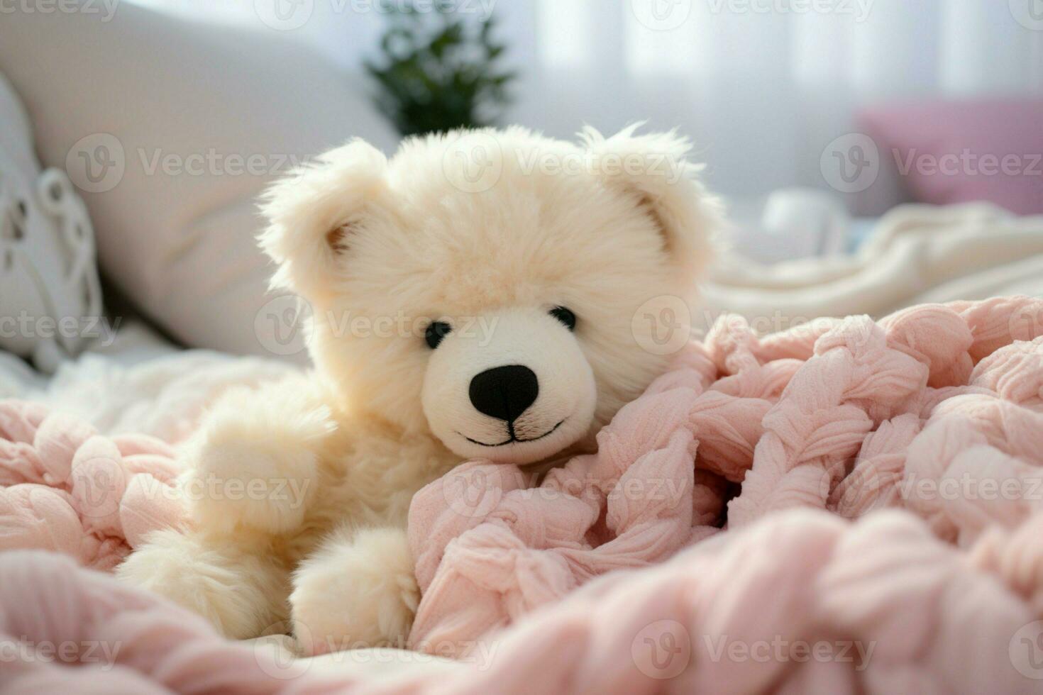A plush white teddy bear sits serenely on a bed covered in merino AI Generated photo