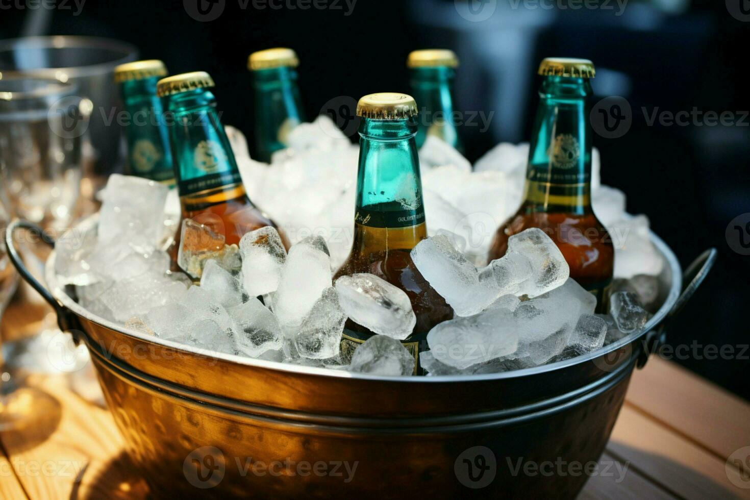 hielo envuelto cubo enfría cerveza lleno botellas, asegurando un escarchado y satisfactorio bebida ai generado foto