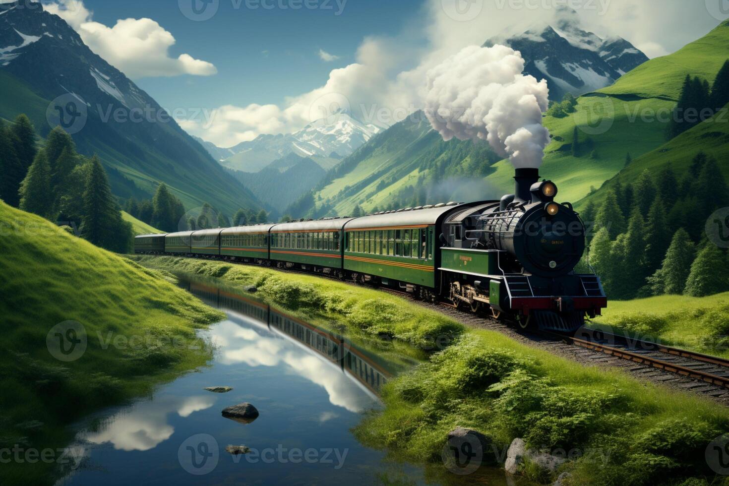 Mountain scaped horizon frames train with verdant front, a tranquil rail expedition AI Generated photo