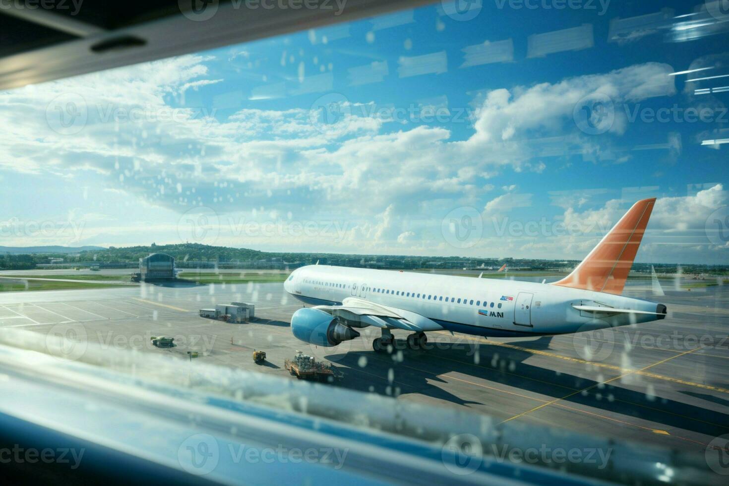 Witnessing a flight's takeoff through airport windows against the bright sunny sky AI Generated photo