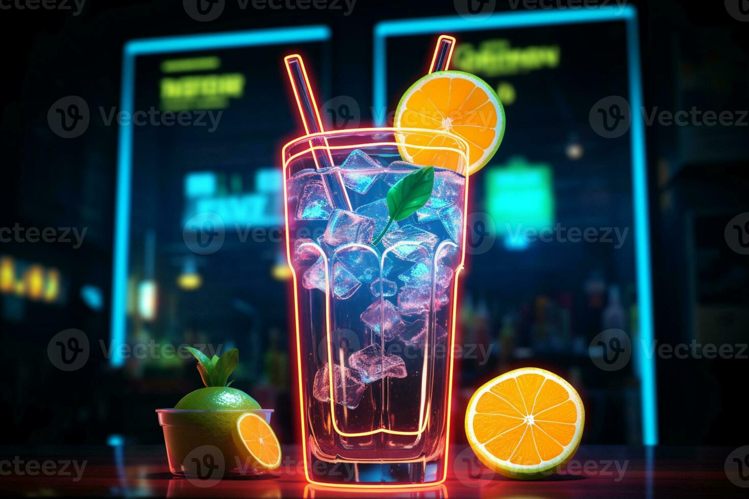 Neon-lit lemonade icon glows, symbolizing cool refreshment amidst bustling urban scenes. AI Generated photo