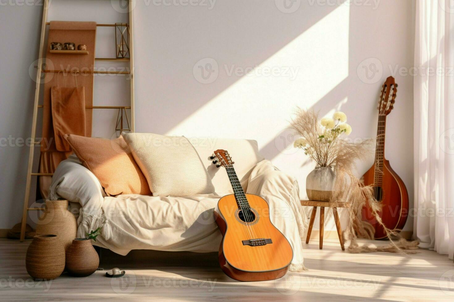 un guitarra adorna el moderno, atractivo interior de el acogedor vivo habitación. ai generado foto