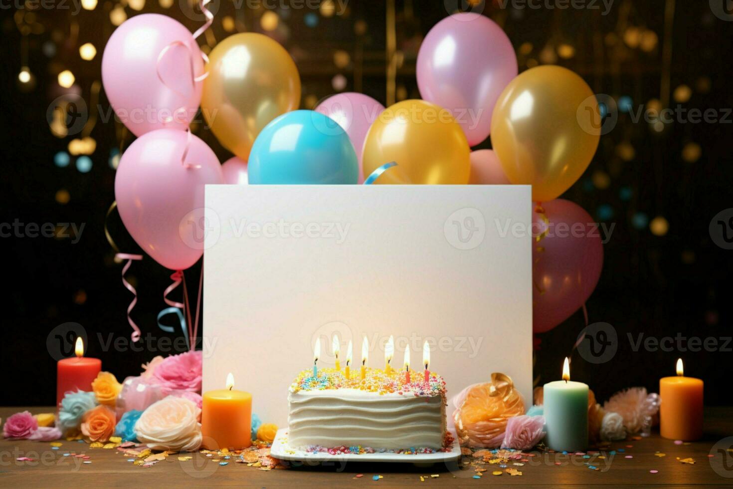 Celebrate a child's birthday with this card showcasing balloons, cake, candles, and gifts AI Generated photo