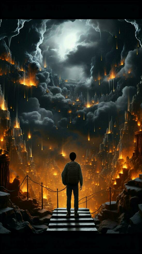 In dreamlike library, a young guy journeys through books and clouds Vertical Mobile Wallpaper AI Generated photo