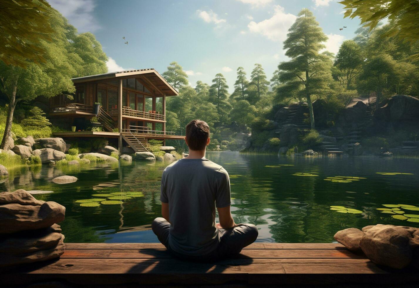 ai generative photo of a man practicing mindfulness and meditation in a peaceful natural environment sony A7s realistic image, ultra hd, high design very detailed