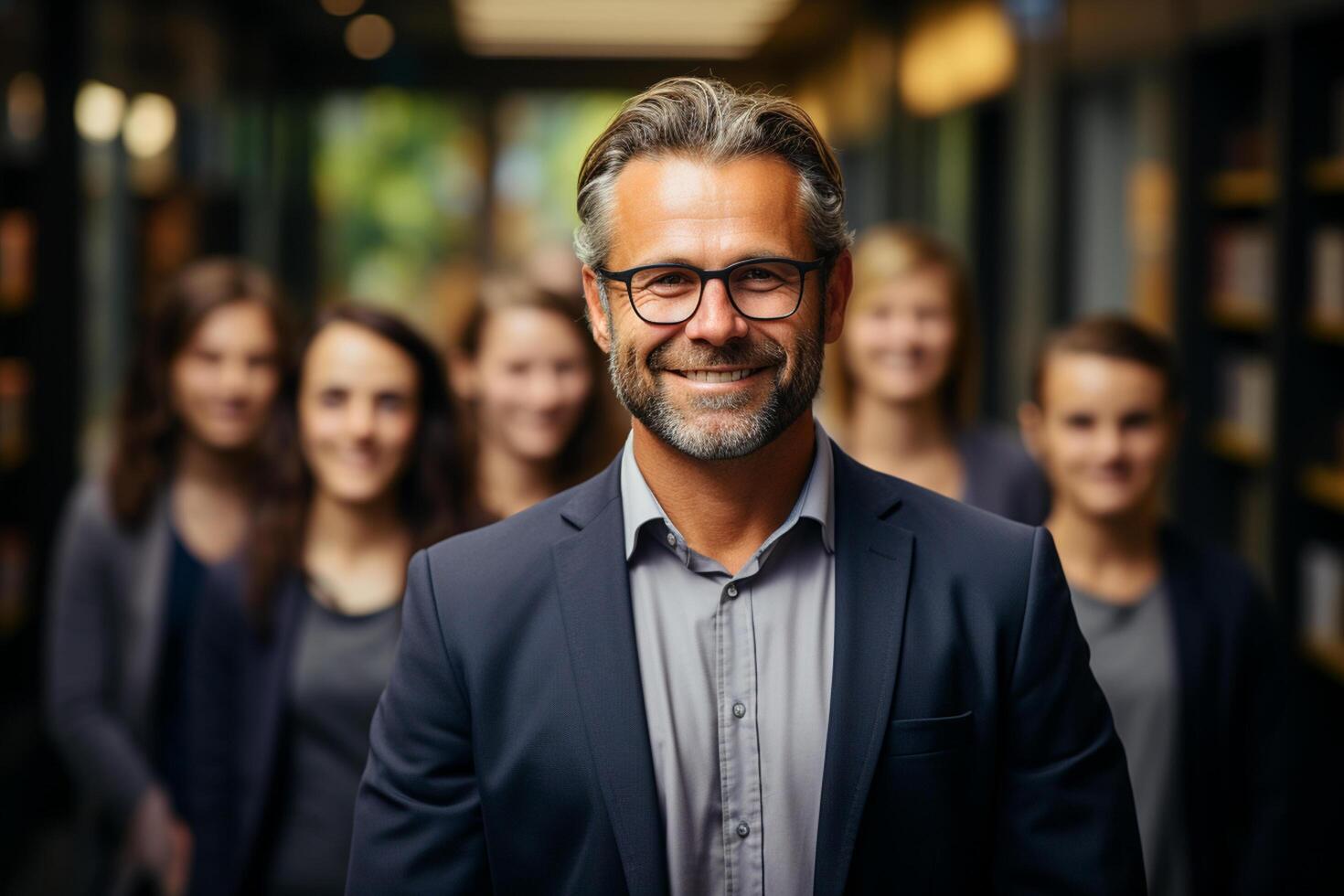 Ai Generative group of happy business man and business women, dressed in suits are smiling, in the office photo