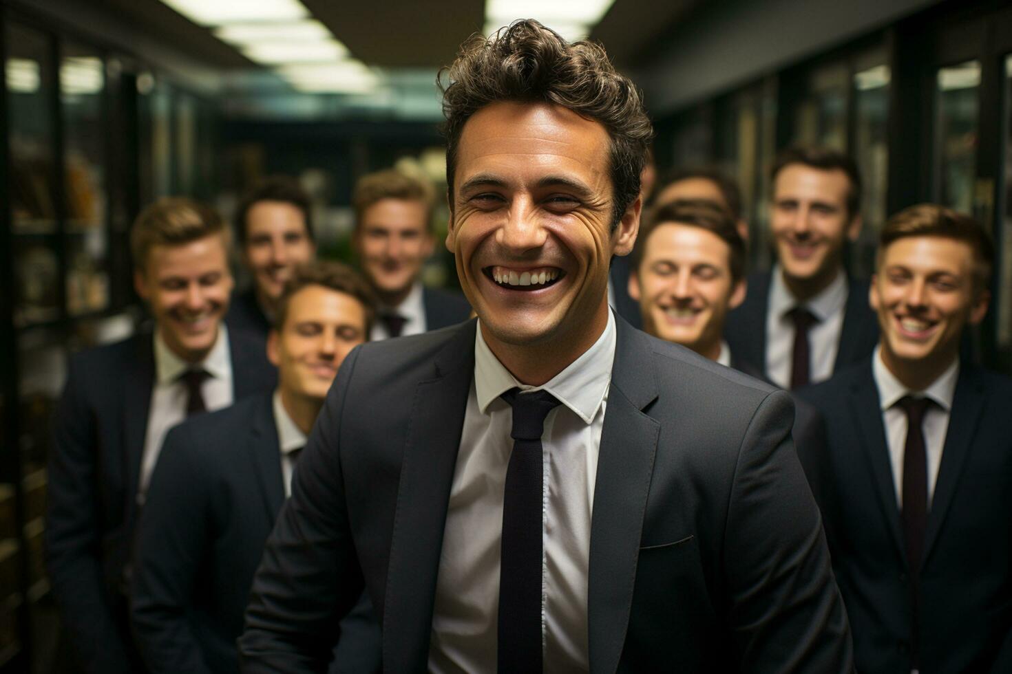 Ai Generative group of happy business man and business women, dressed in suits are smiling, in the office photo