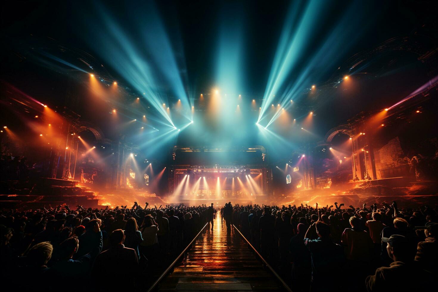 Ai generative Crowded Concert Stage Scenery With Spotlights and Colored Lights realistic image, ultra hd photo