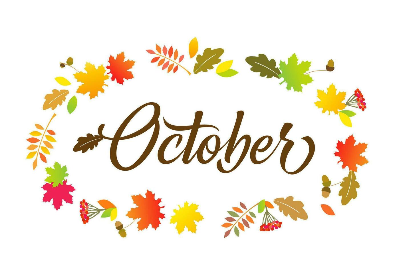 October calligraphic card. Autumn background with colored leaves and calligraphy. Vector template for fall banner design