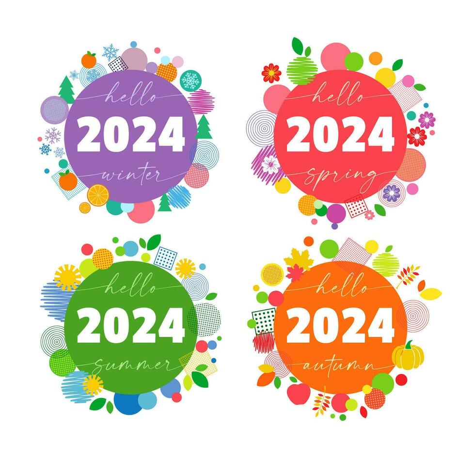Set of seasonal labels 2024 Hello winter hello spring hello summer hello autumn logo collection vector