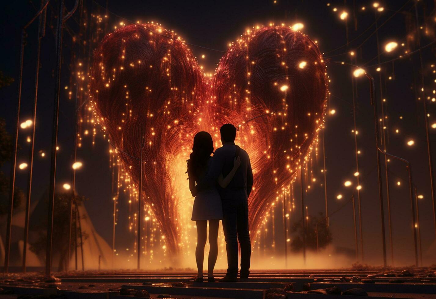 Ai generative A couple Hugging each other on Valentine's Day, area illuminated by the warm glow of hanging hearts photo