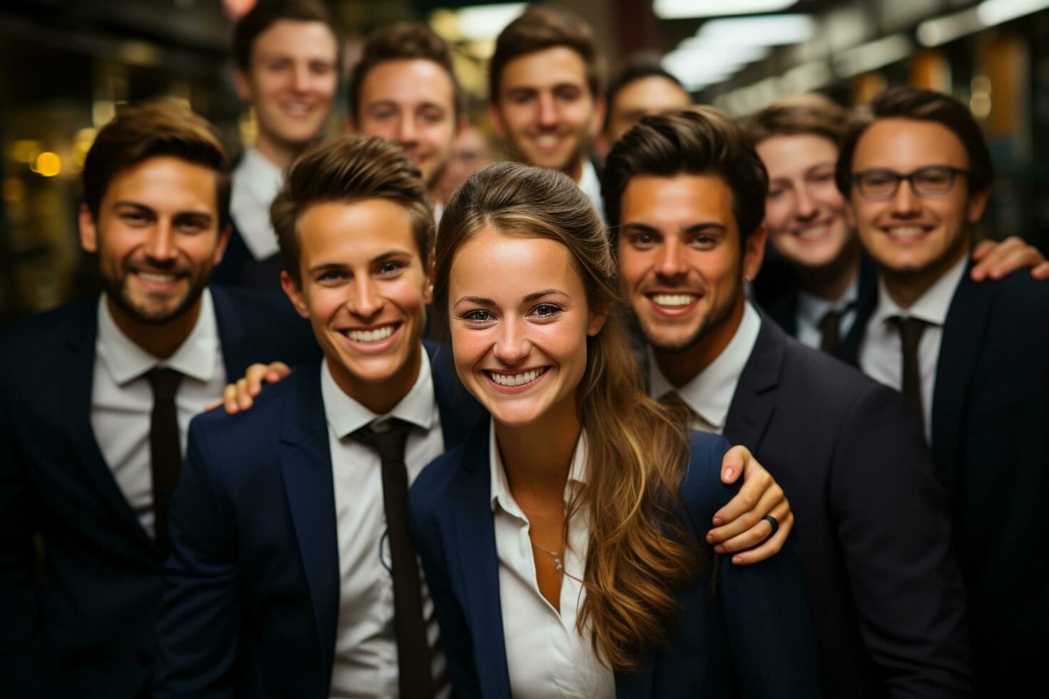 Ai Generative group of happy business man and business women, dressed in suits are smiling, in the office photo