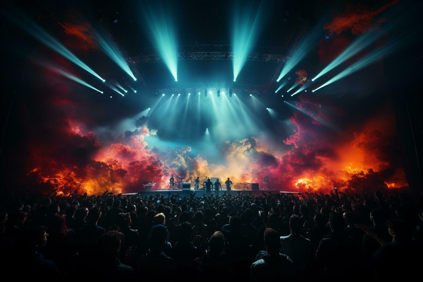 Ai generative Crowded Concert Stage Scenery With Spotlights and Colored Lights realistic image, ultra hd photo