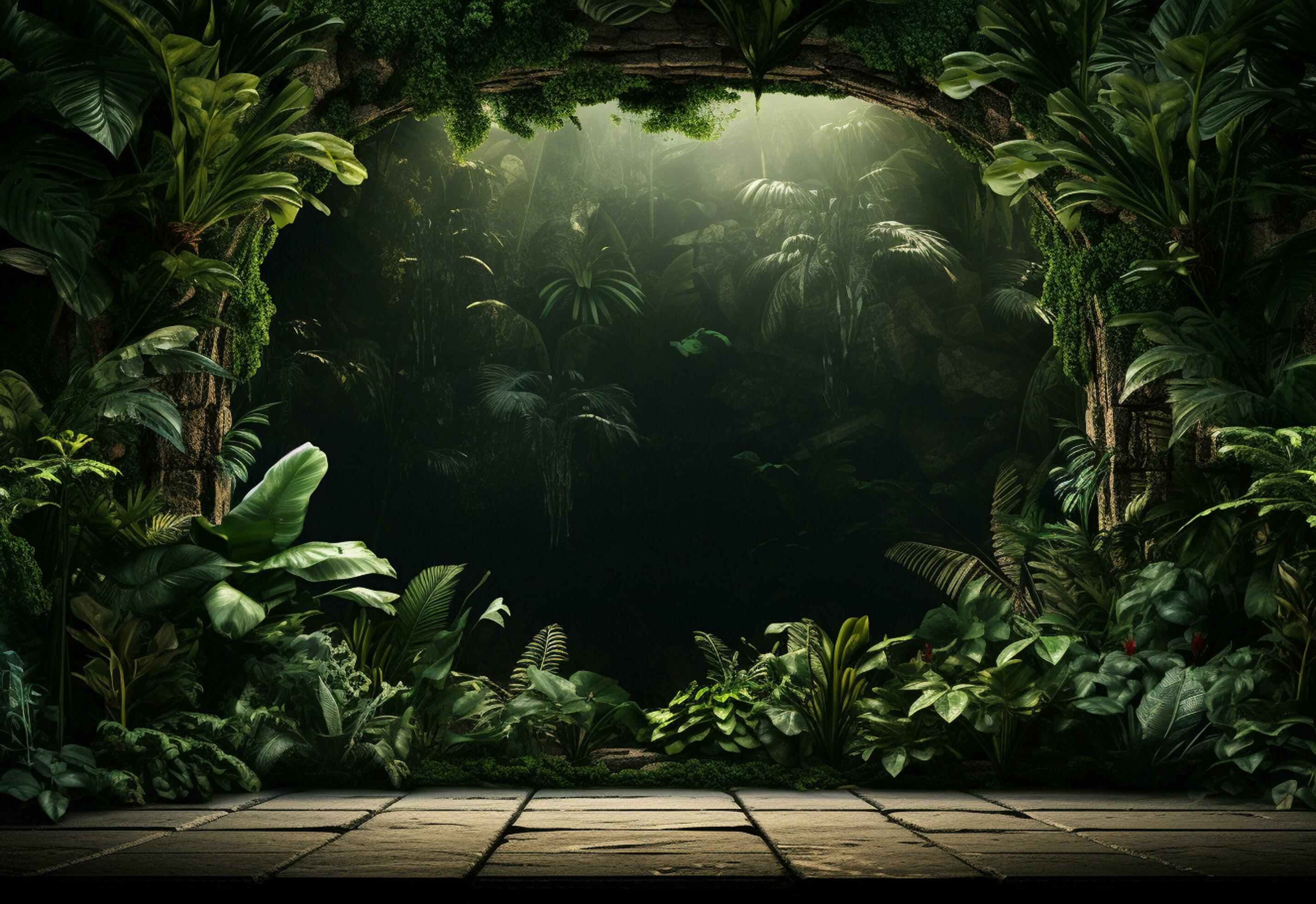Beautiful jungle background with border made of tropical leaves