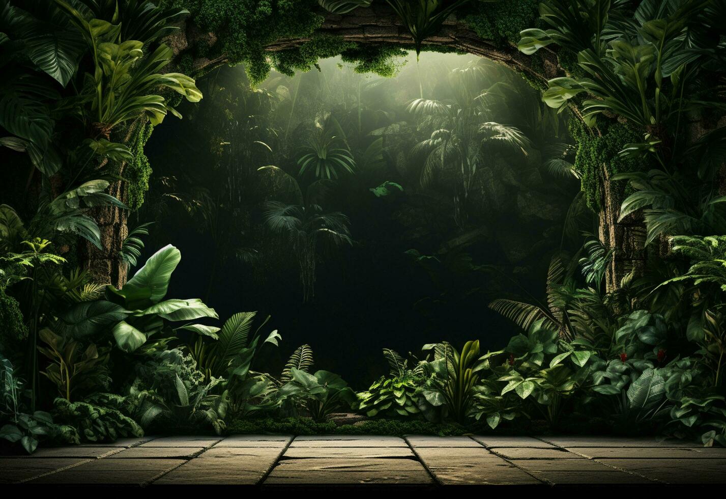 Beautiful jungle background with border made of tropical leaves backdrop with copy space photo