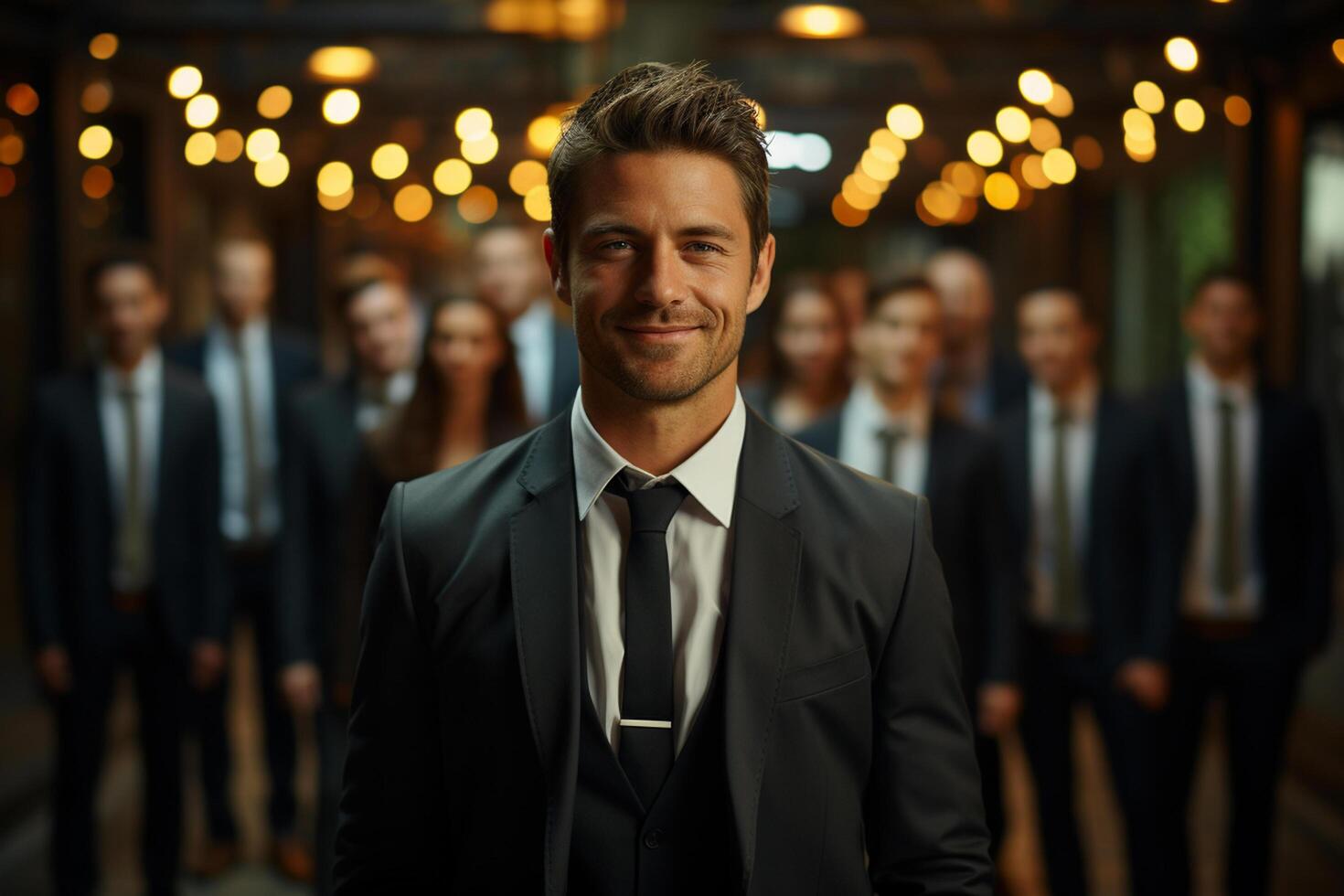 Ai Generative group of happy business man and business women, dressed in suits are smiling, in the office photo