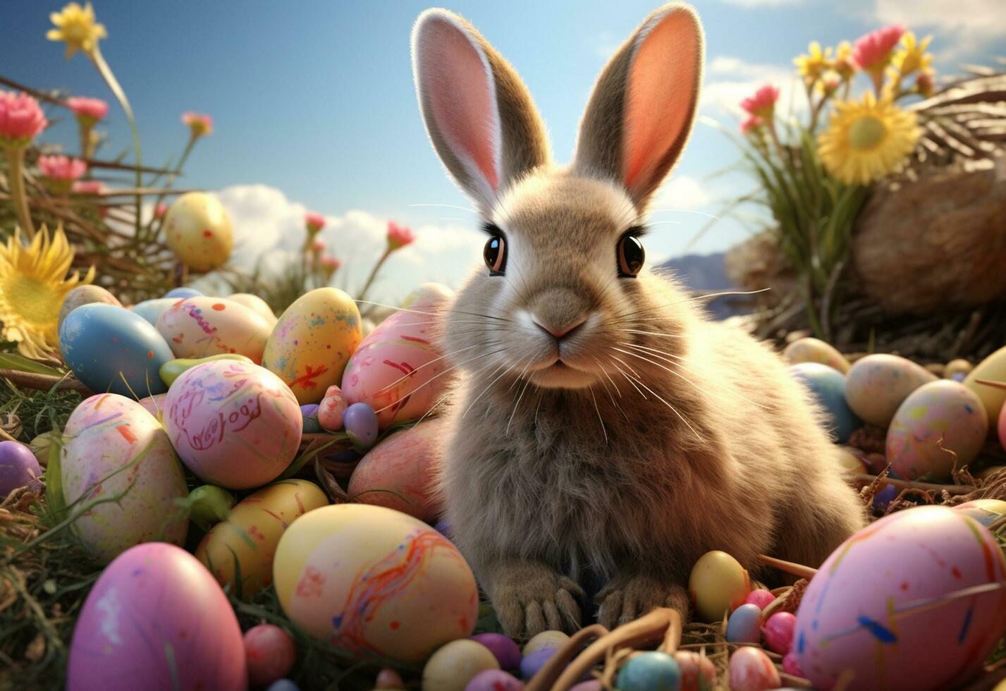 Ai generative photo happy bunny with many easter eggs on grass festive background for decorative design