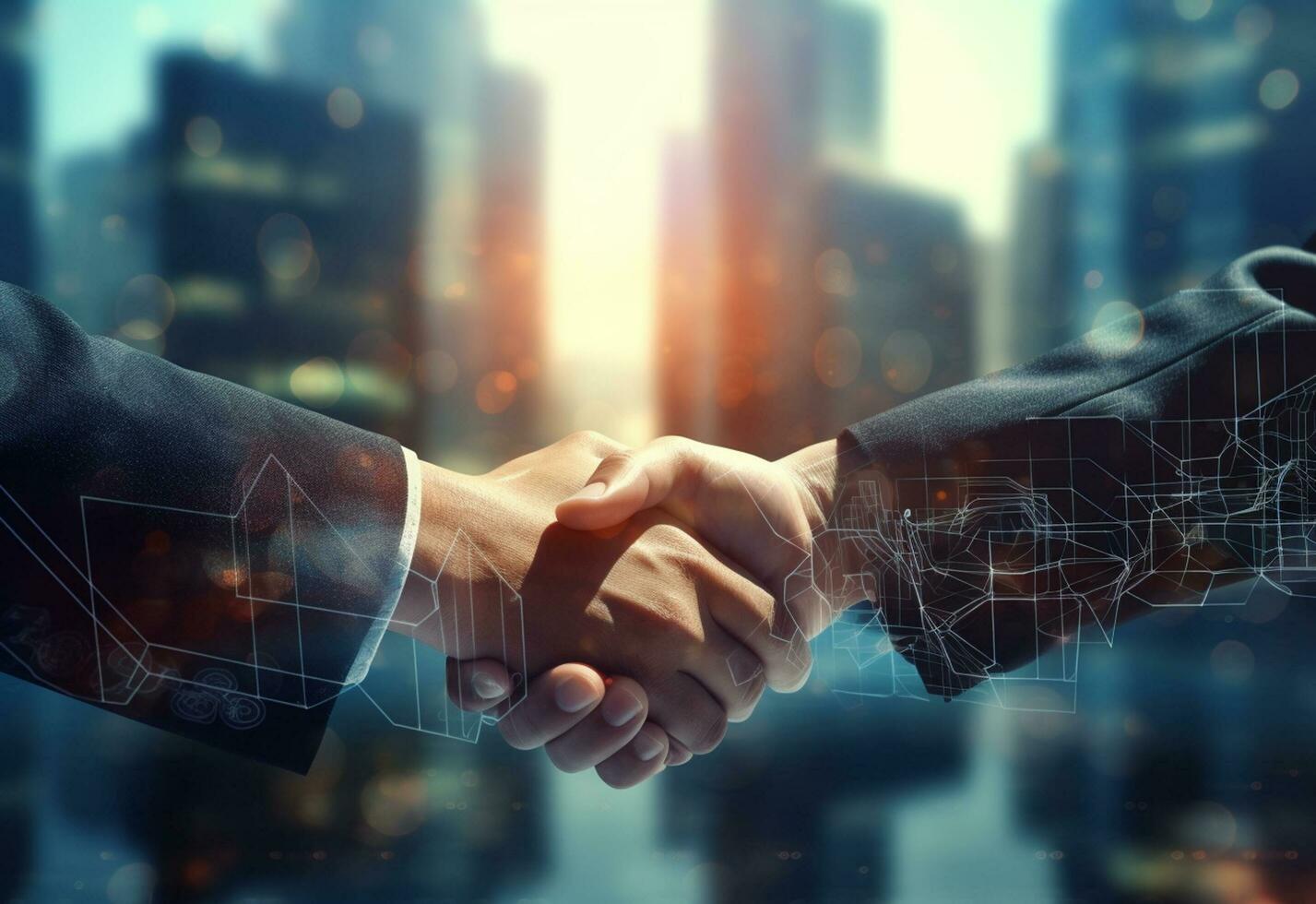 Ai generative photo american business male people shaking hands skyscrapers in the background