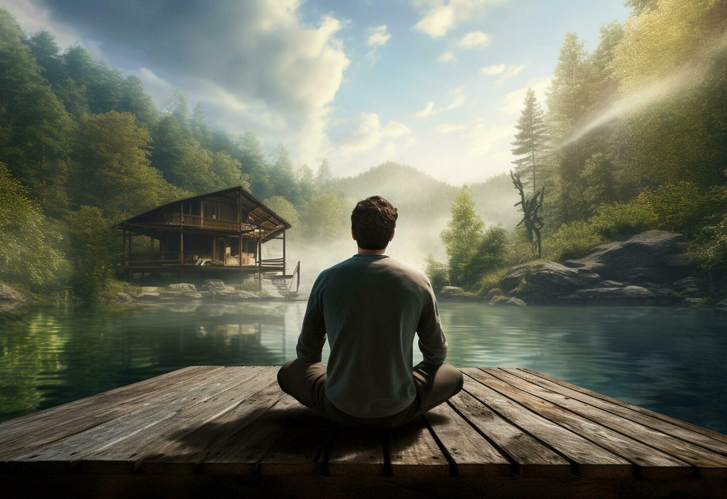 ai generative photo of a man practicing mindfulness and meditation in a peaceful natural environment sony A7s realistic image, ultra hd, high design very detailed