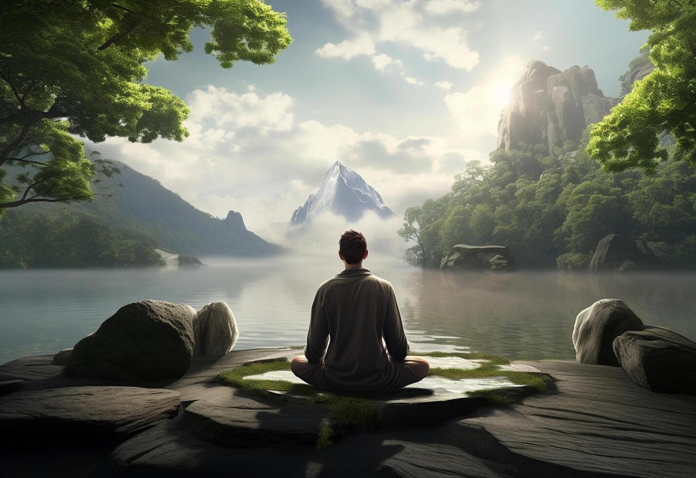 ai generative photo of a man practicing mindfulness and meditation in a peaceful natural environment sony A7s realistic image, ultra hd, high design very detailed