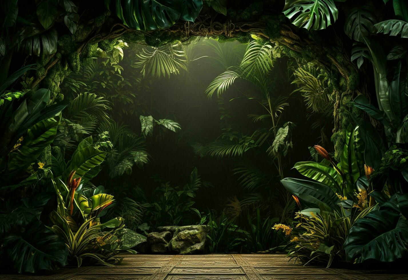 ai generativo hermosa selva antecedentes con frontera hecho de tropical hojas fondo con Copiar espacio foto