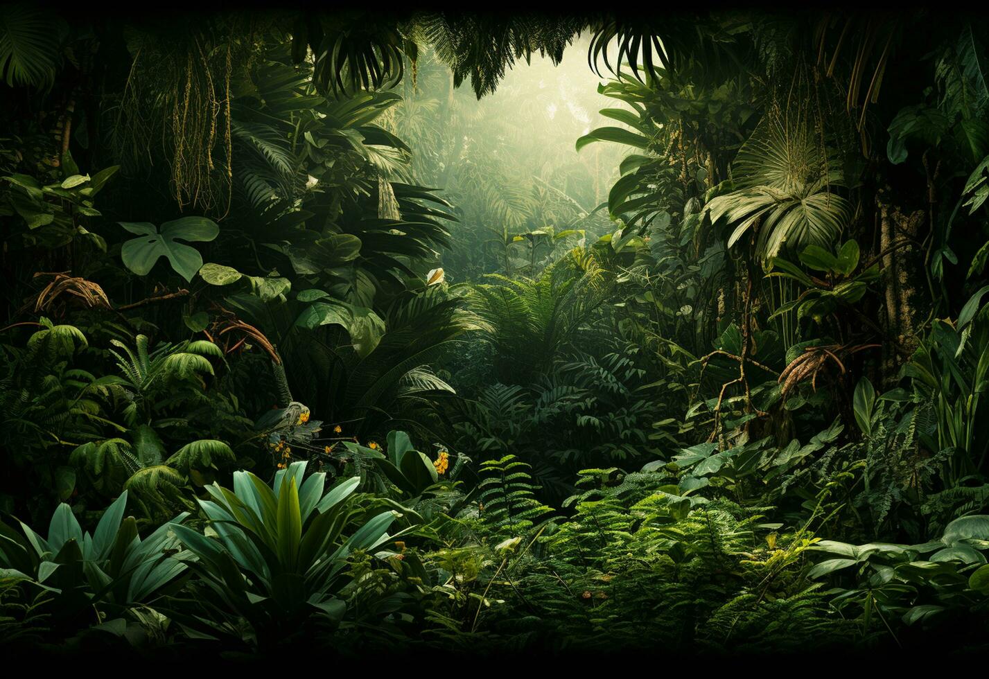 Beautiful jungle background with border made of tropical leaves backdrop with copy space photo