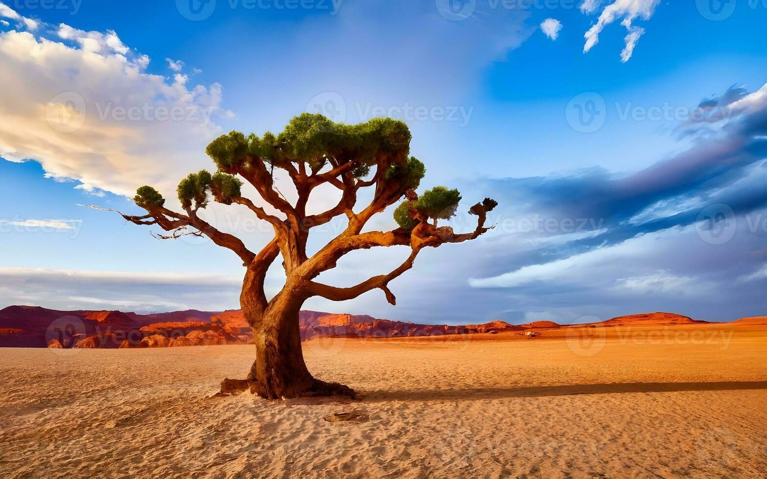 Solitary Sentinel, A Captivating Portrait of a Lone Tree Amidst the Expansive Embrace of the Desert Wilderness. AI Generated photo
