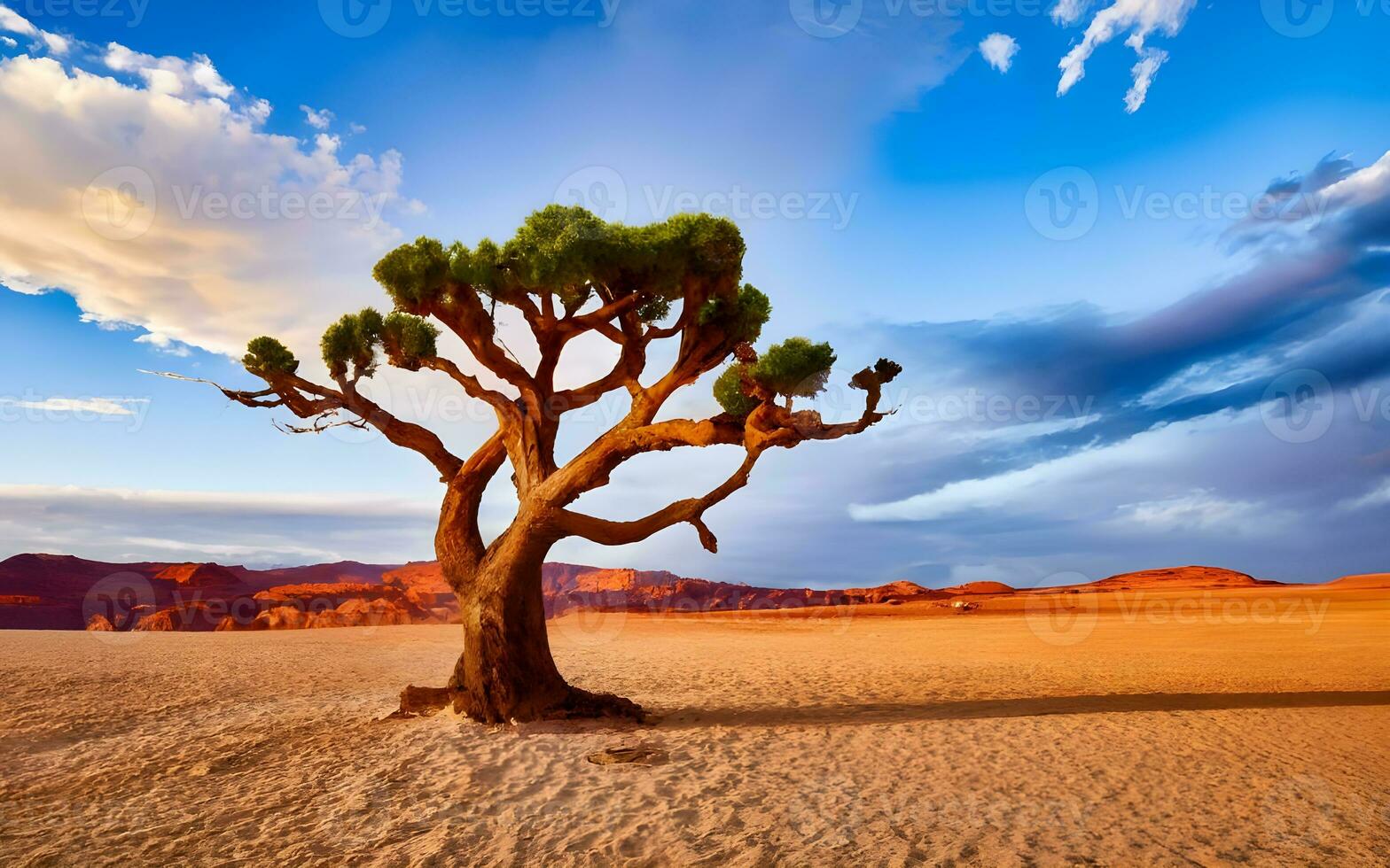 solitario centinela, un cautivador retrato de un solitario árbol en medio de el expansivo abrazo de el Desierto desierto. ai generado foto