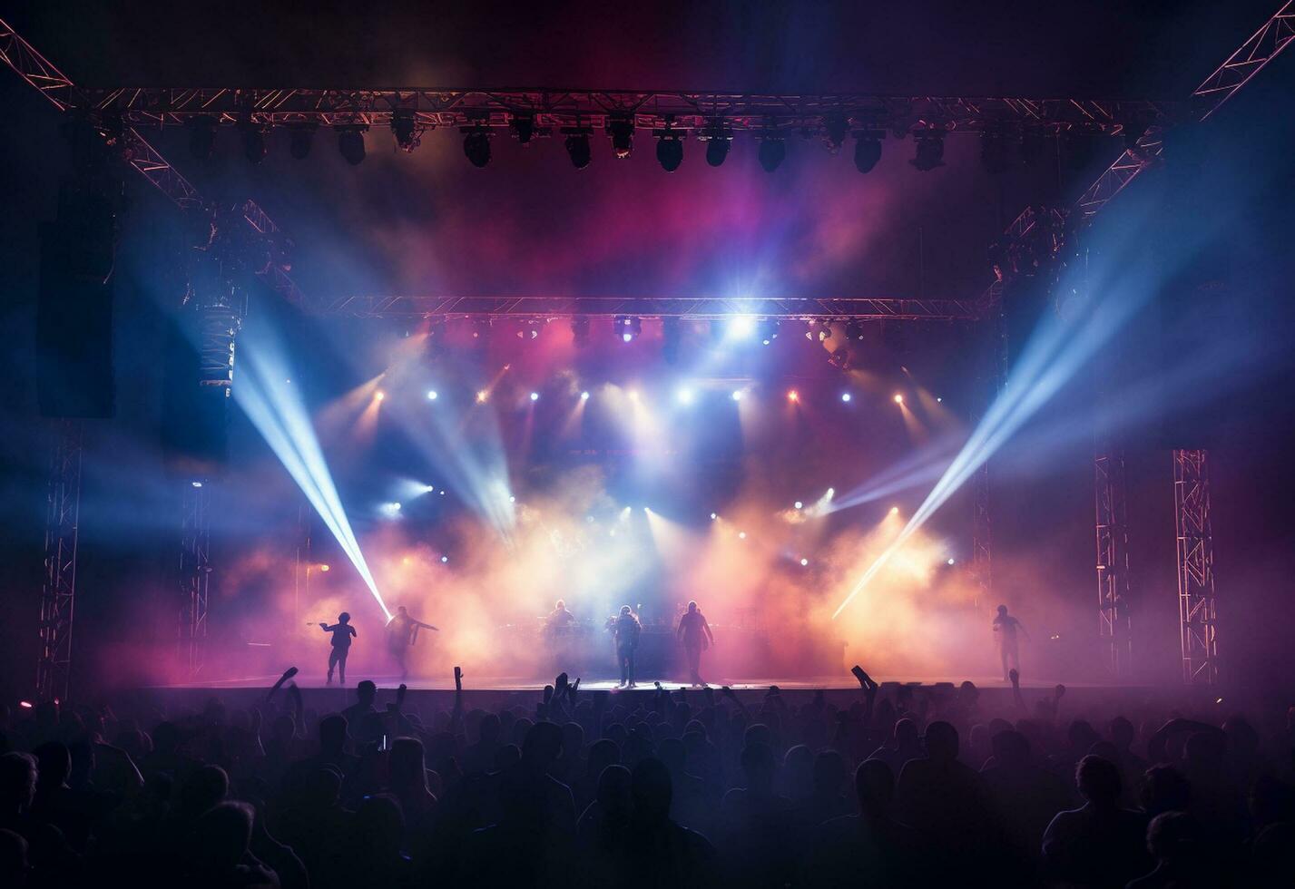 Ai generative Concert Stage Scenery With Spotlights Colored Lights Smoke photo