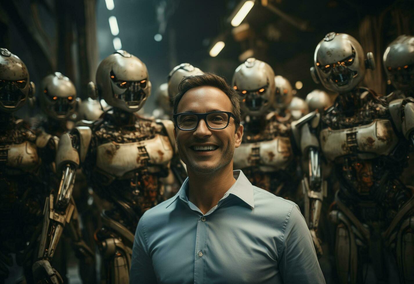 a man in a suit and tie standing next to a robot photo