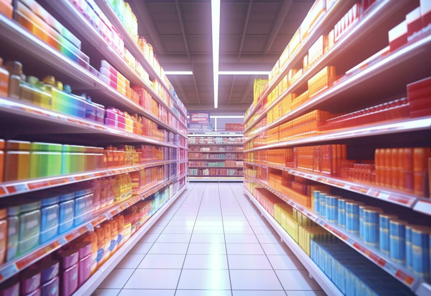 Ai generative Blurry shopping shelves in supermarkets and department stores realistic image ultra hd high design photo