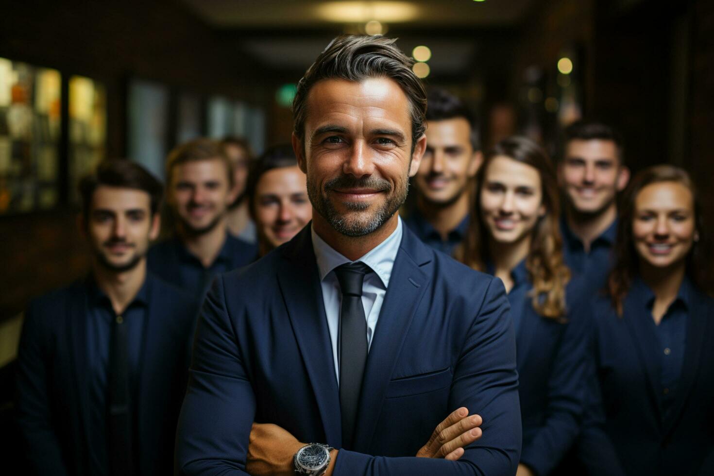 Ai Generative group of happy business man and business women, dressed in suits are smiling, in the office photo