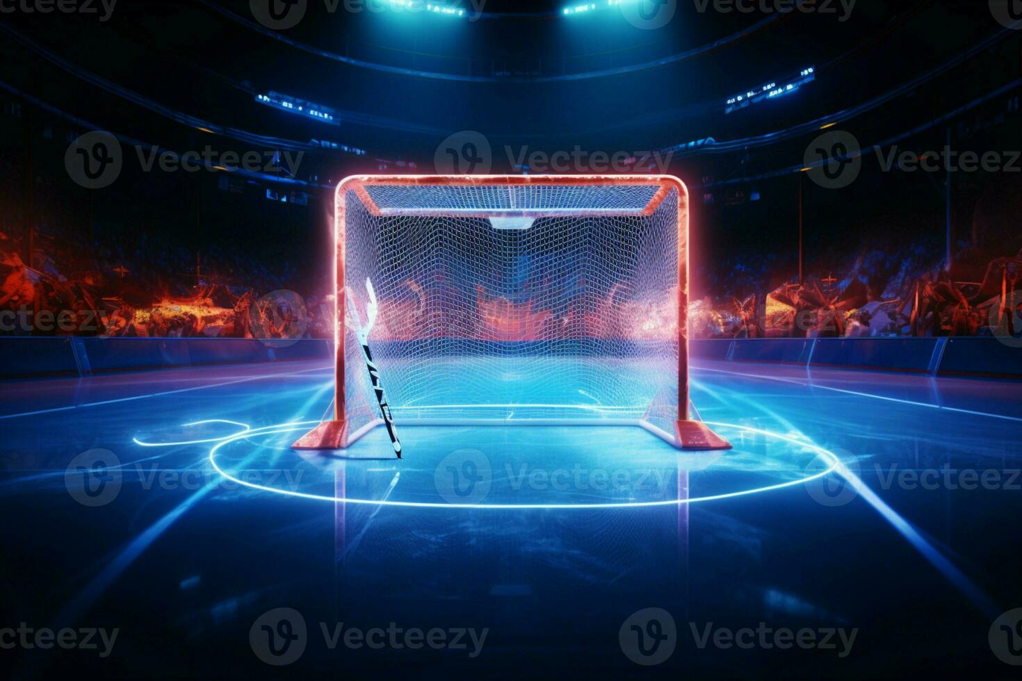 hielo ligado neón victoria un objetivo brilla brillante en el hockey arenas resplandor ai generado foto