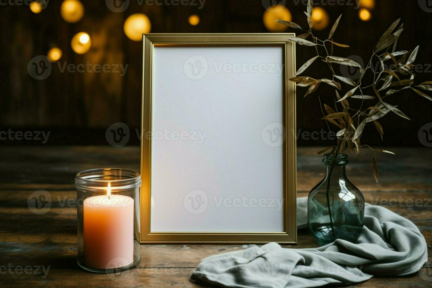 An empty picture frame placed near a candle within a glass jar AI Generated photo