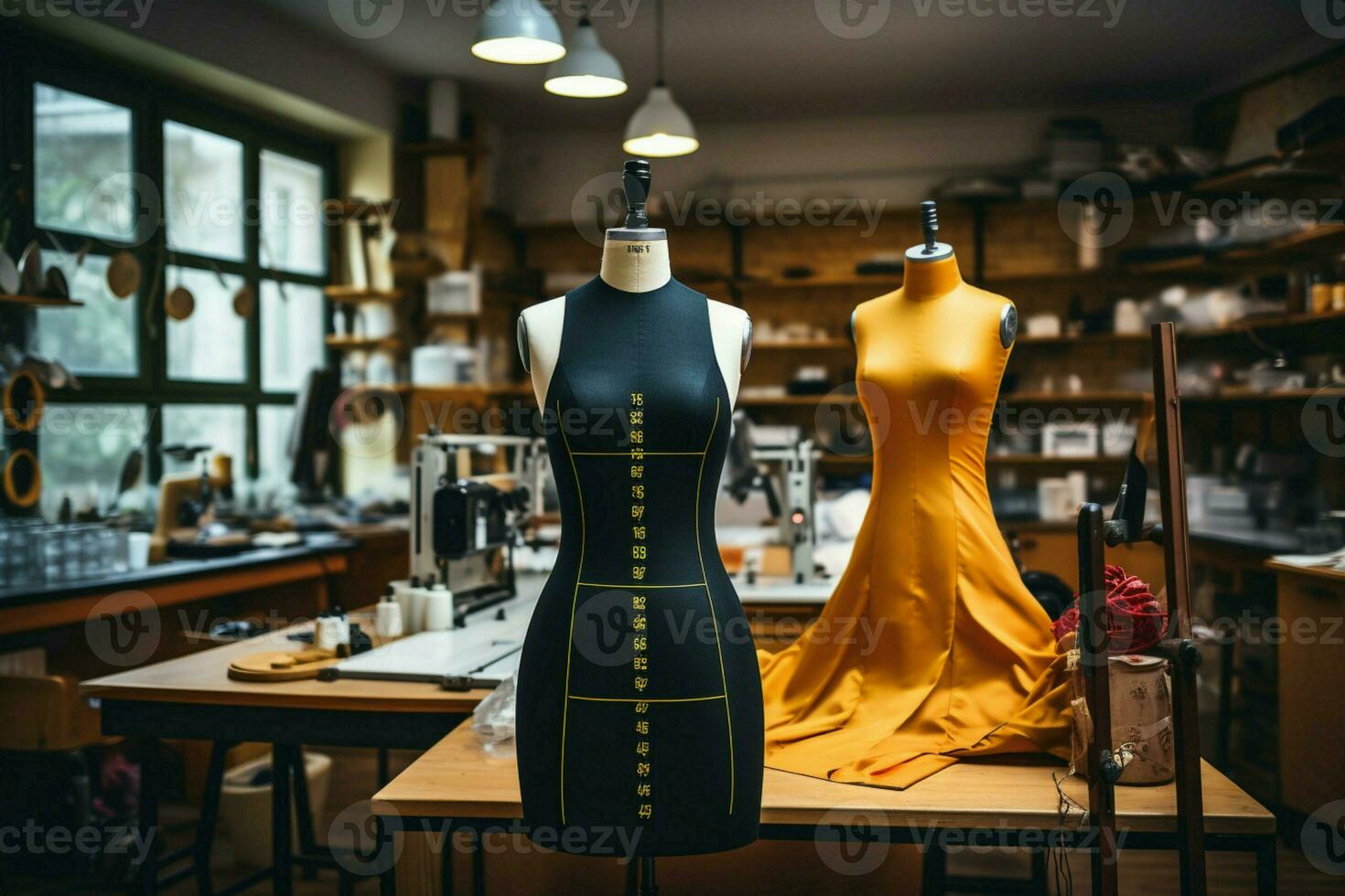 In the fashion studio, a tailors dummy stands adorned with measuring tapes AI Generated photo