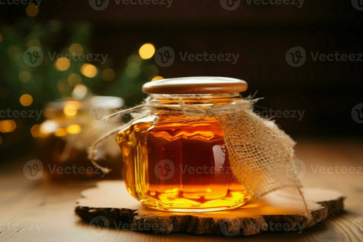 en de madera mesa, vaso tarro sostiene líquido oro un maceta de dulce miel ai generado foto