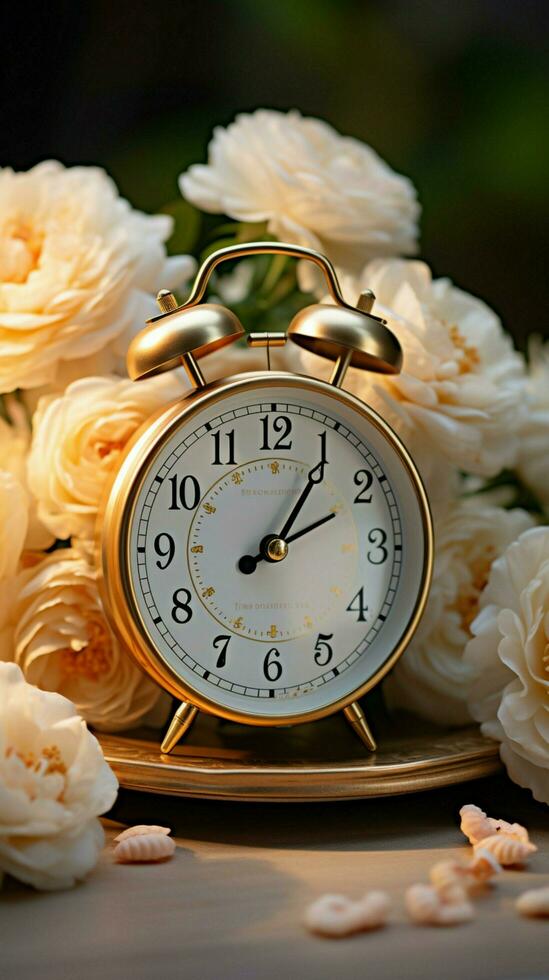 Clock and Ranunculus flowers grace white wooden table timetraveling decor Vertical Mobile Wallpaper AI Generated photo