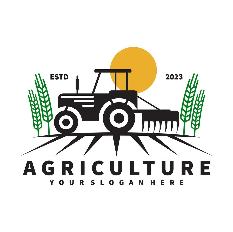 tractor logo for agriculture, agronomy, wheat farming, rural farming fields, natural harvest. farm tractor vector design