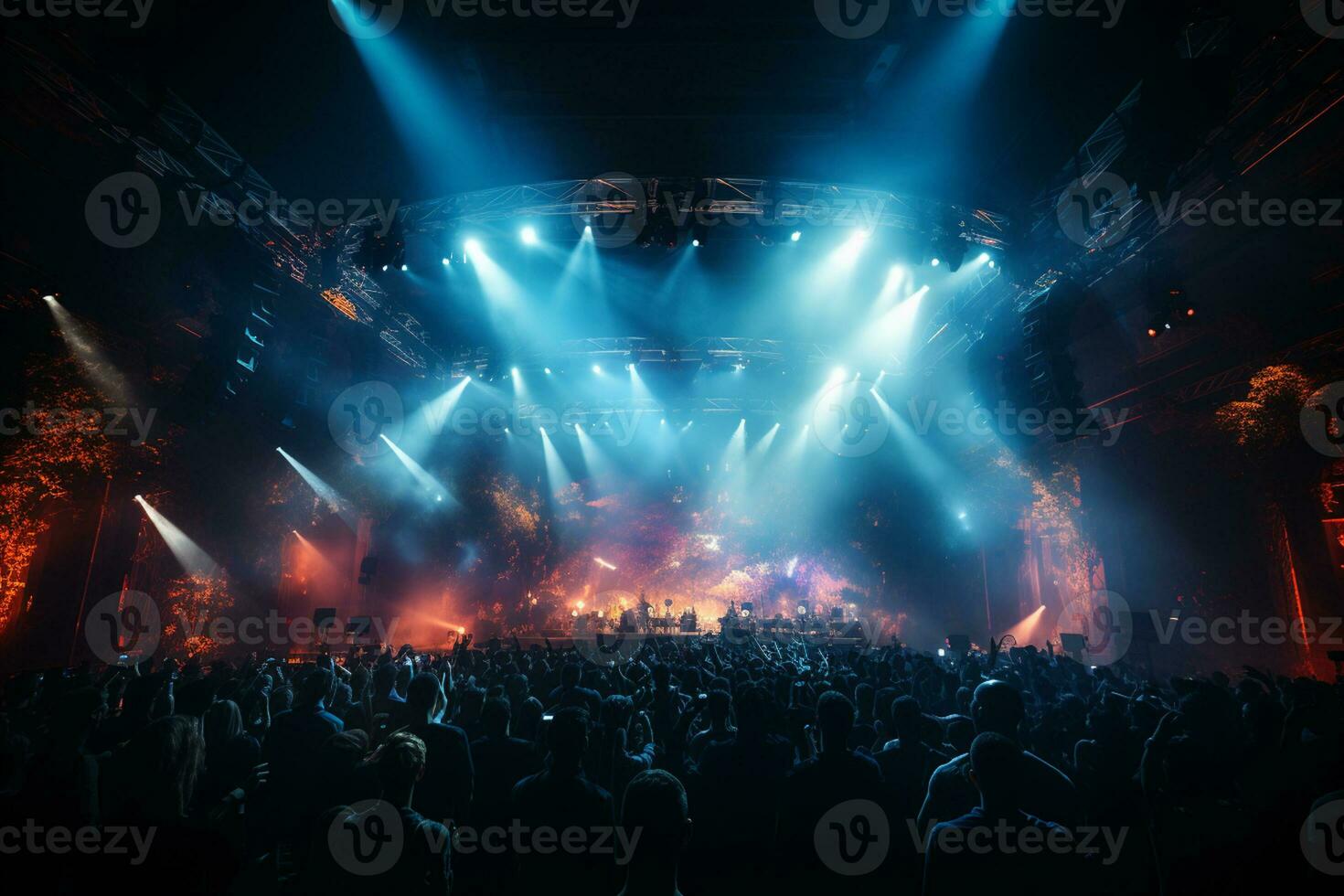 Ai generative Crowded Concert Stage Scenery With Spotlights and Colored Lights realistic image, ultra hd photo