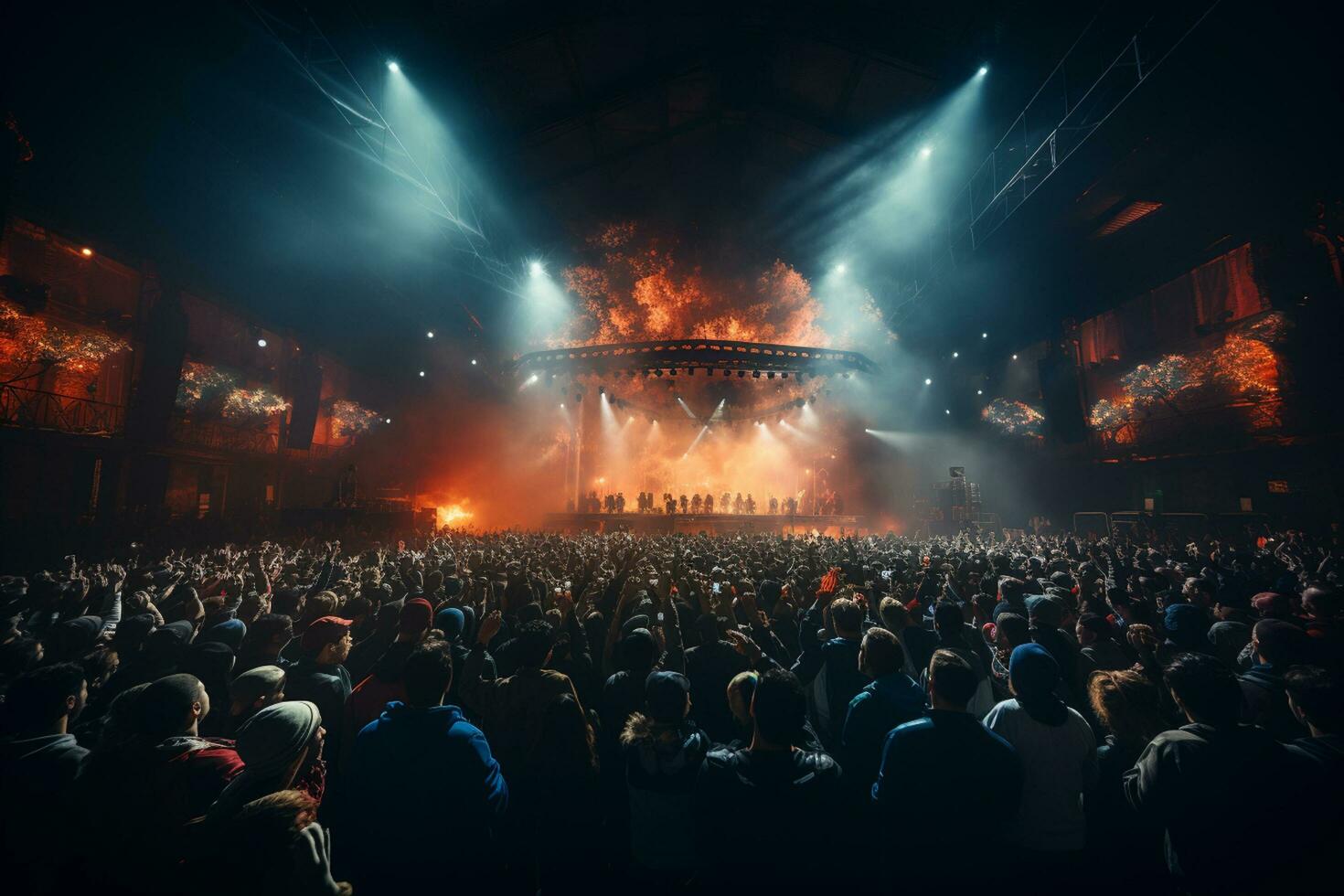 Ai generative Crowded Concert Stage Scenery With Spotlights and Colored Lights realistic image, ultra hd photo