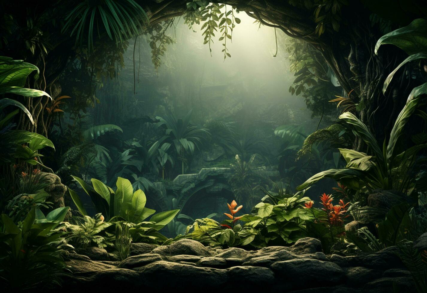 Ai Generative Beautiful jungle background with border made of tropical leaves backdrop with copy space photo