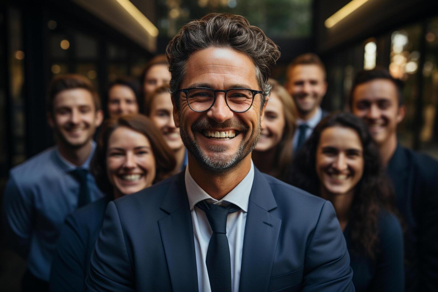Ai Generative group of happy business man and business women, dressed in suits are smiling, in the office photo