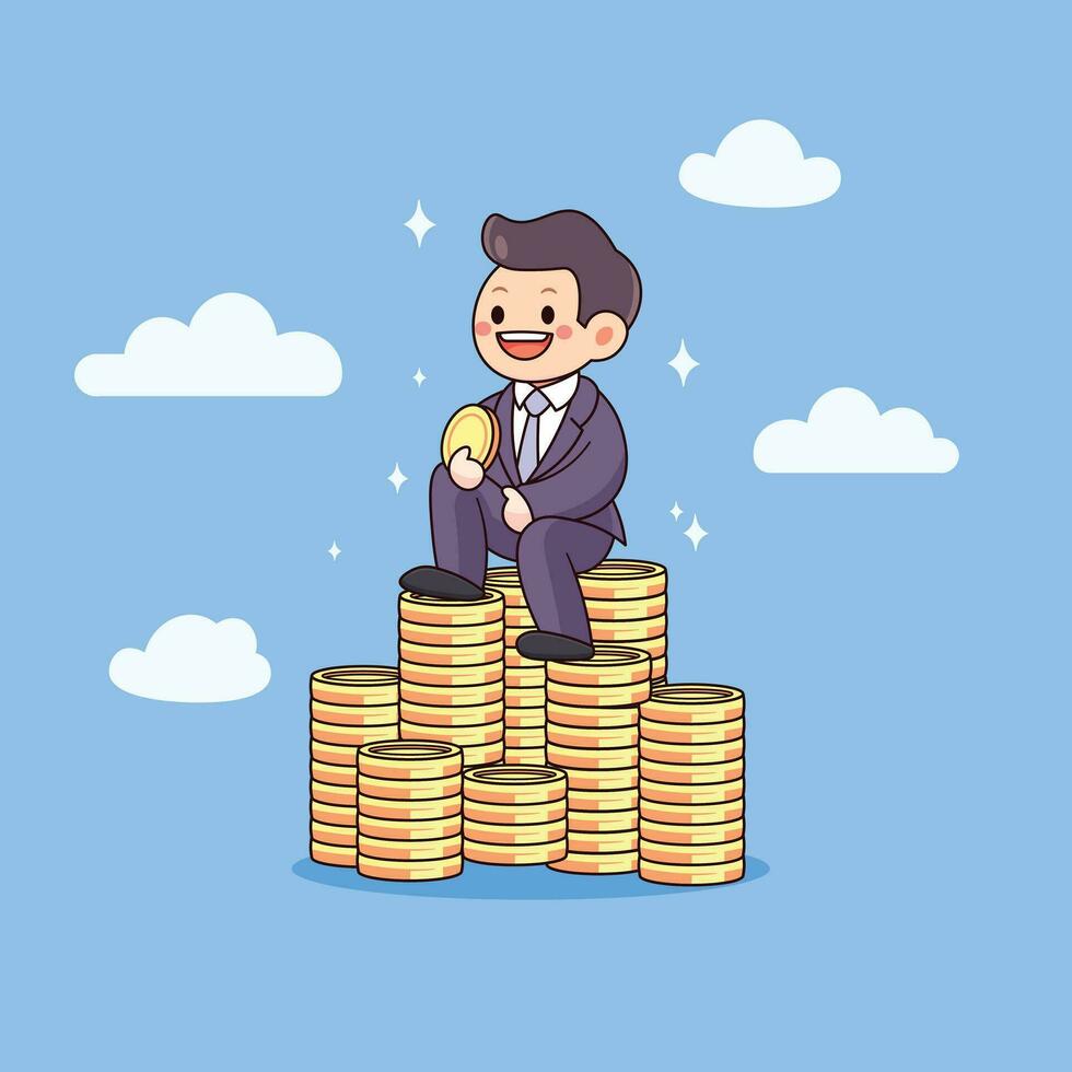 Businessman with stacks of coins cartoon vector illustration