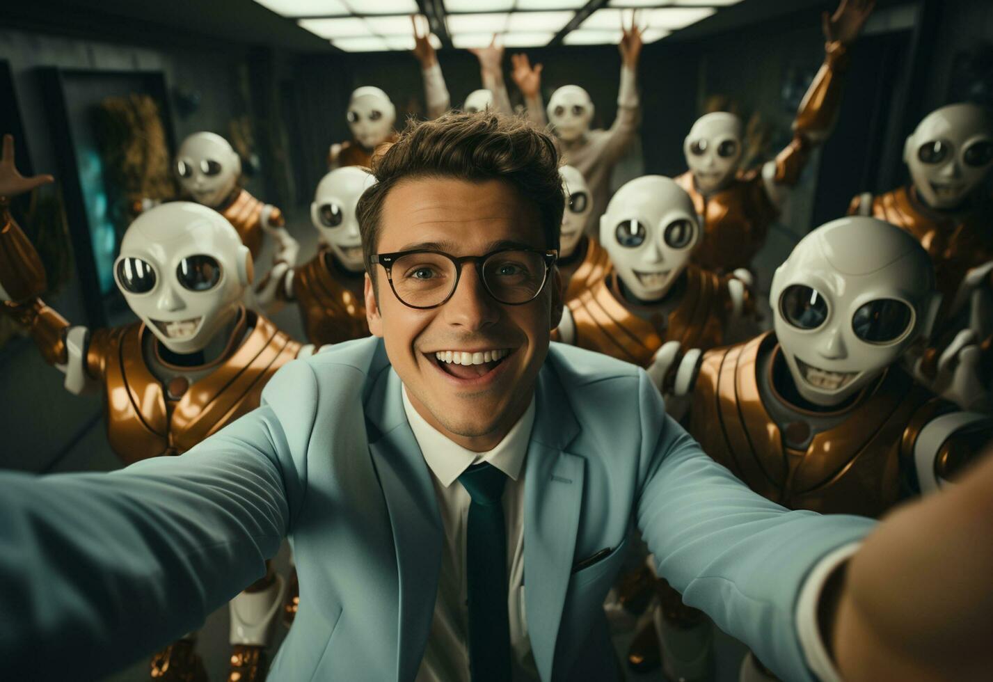 a man in a suit and tie standing next to a robot photo