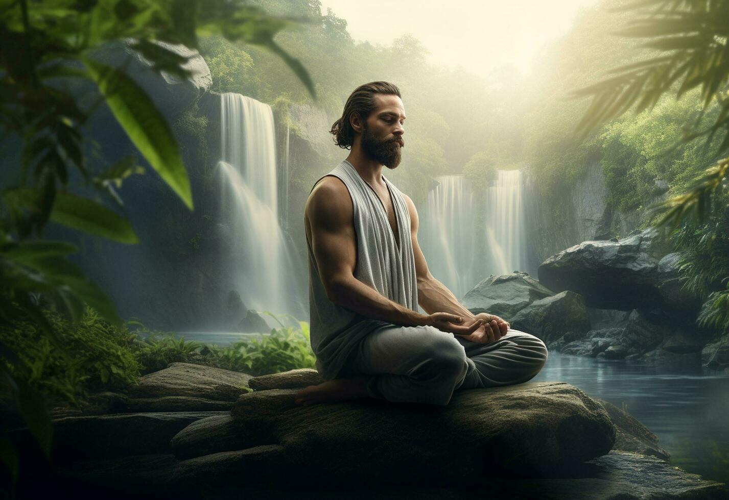 ai generativo foto de un hombre practicando atención plena y meditación en un pacífico natural ambiente sony a7s realista imagen, ultra alta definición, alto diseño muy detallado