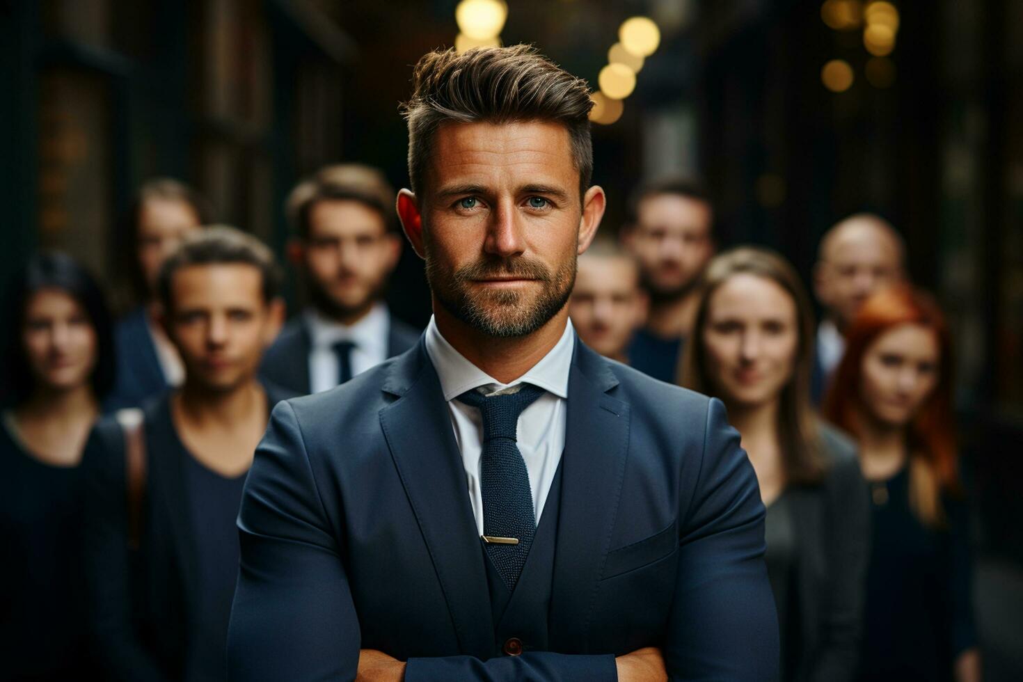 ai generativo grupo de contento negocio hombre y negocio mujer, vestido en trajes son sonriente, en el oficina foto