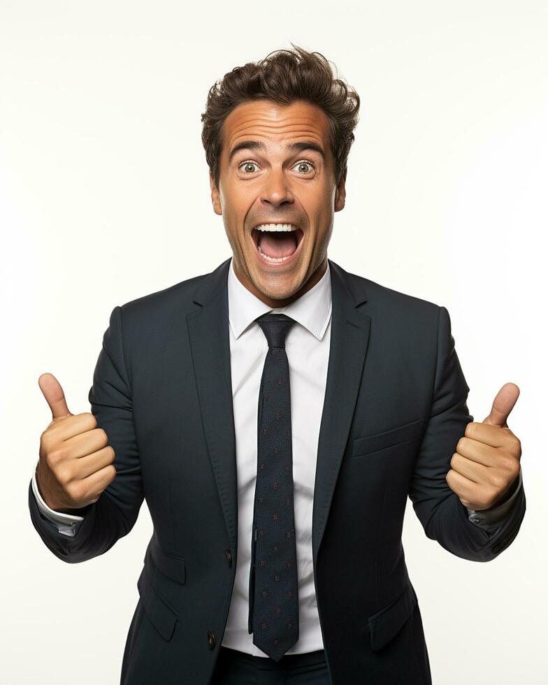 Ai generative photo business concept portrait of excited man dressed in formal wear giving thumbs up